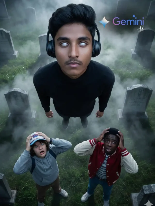 A young man with white eyes floating in a foggy graveyard while two boys look up in shock, created using Google Gemini Stranger Things AI Photo Prompt