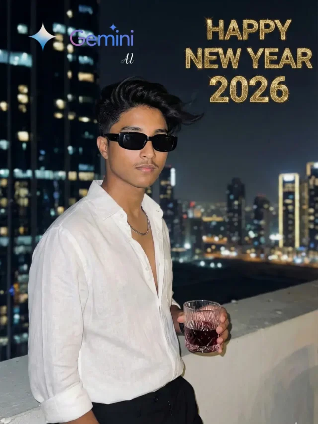 Young man in a white shirt posing on a rooftop under golden “Happy New Year 2026,” designed using Google Gemini AI New Year 2026 Photo Editing Prompt