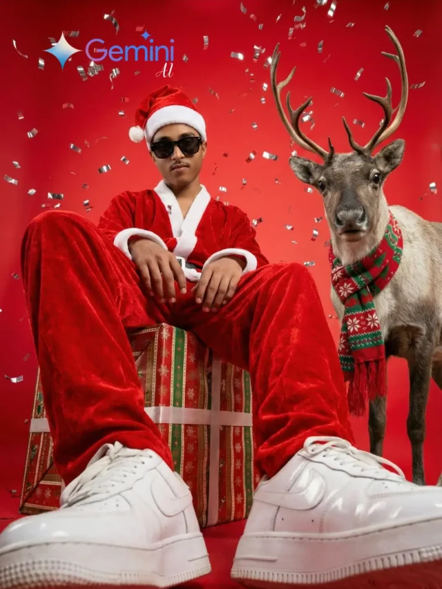 Santa-dressed young man throwing festive silver confetti while a reindeer watches, captured in a bright red holiday setup for trending Christmas AI photo editing Prompt 2025