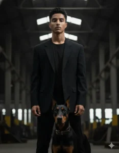 Dark luxury Gemini AI photo prompt for boy front-facing portrait with Doberman in warehouse