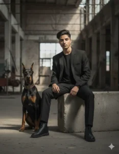 Dark luxury Gemini AI photo prompt for boy sitting on concrete block with Doberman dog in warehouse