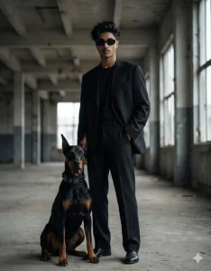 Dark luxury Gemini AI photo prompt for boy walking confidently with Doberman dog in warehouse