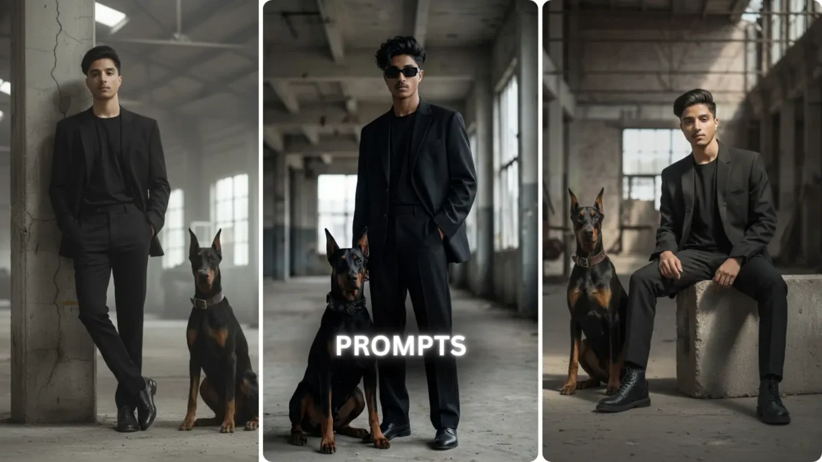 Dark luxury 5 Gemini AI photo prompts for boys showing cinematic black blazer looks with Doberman dog in industrial warehouse