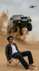 Gemini Action Aesthetic AI Photo Editing Prompt with boy sitting on chair and SUV jumping in desert action scene