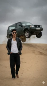 Gemini Action Aesthetic AI Photo Editing Prompt showing boy standing confidently with flying SUV action background