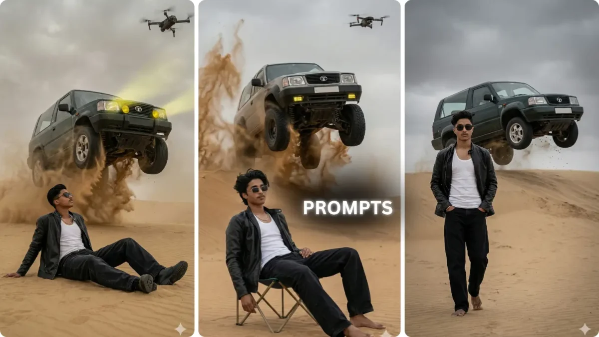 Gemini Action Aesthetic AI Photo Editing Prompt showing a boy walking confidently in desert with flying SUV action background
