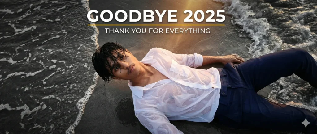 A cinematic beach photo edited using Good Bye 2025 AI Photo Editing Prompt, showing a man lying on wet sand near ocean waves with emotional goodbye vibes and sunset lighting.