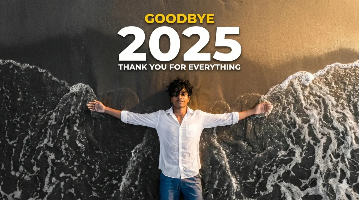 A dramatic beach farewell image created with Good Bye 2025 AI Photo Editing Prompt, showing a man standing with open arms in ocean waves and text saying Goodbye 2025 Thank You For Everything.