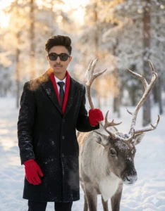 Google Gemini Cinematic Winter Portrait AI Photo Prompt for Men showing soft eye contact between man and reindeer in winter forest
