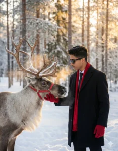 Google Gemini Cinematic Winter Portrait AI Photo Prompt for Men full body shot with snowy forest and reindeer