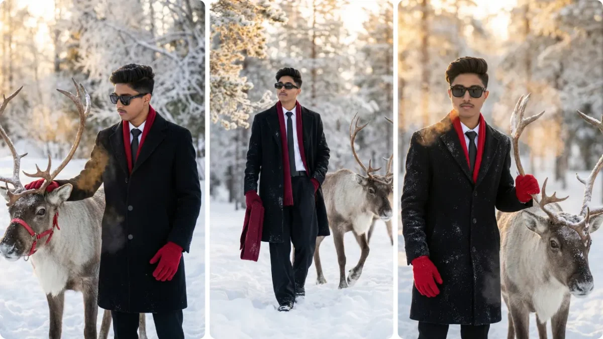 Google Gemini Cinematic Winter Portrait AI Photo Prompt for Men featuring a man posing with a reindeer in a snowy forest in cinematic winter style