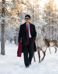 Google Gemini Cinematic Winter Portrait AI Photo Prompt for Men showing a man walking in snow beside a reindeer in a cinematic winter forest