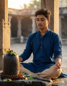 Google Gemini Shivling AI Photo Prompts showing a man meditating beside a Shivling in an open temple courtyard