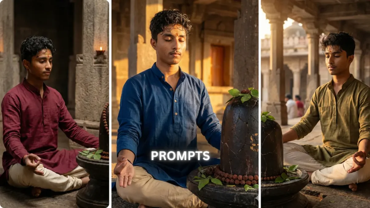 Google Gemini Shivling AI Photo Prompts showing multiple peaceful meditation poses beside a Shivling in temple