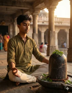 Google Gemini Shivling AI Photo Prompts featuring a man meditating near a Shivling in a temple corridor with warm sunlight