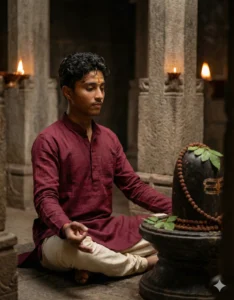 Google Gemini Shivling AI Photo Prompts showing a man meditating in a temple beside a Shivling with calm spiritual atmosphere