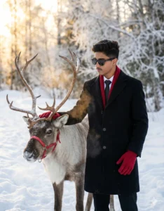 Google Gemini Cinematic Winter Portrait AI Photo Prompt for Men with man gently touching reindeer antlers in snowy forest