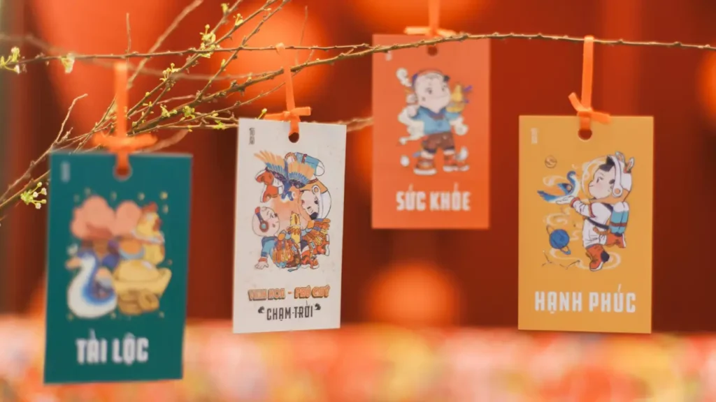 Happy New Year Wishes for 2026 shown on colorful festive greeting cards hanging on branches