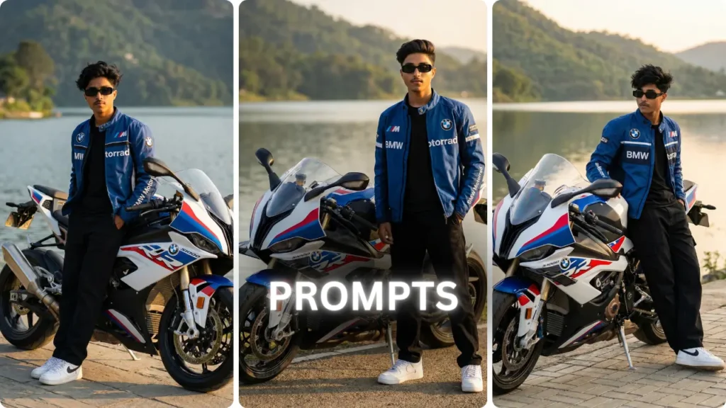 Google Gemini AI Superbike Photo Editing Prompts for Boys with BMW superbike cinematic pose