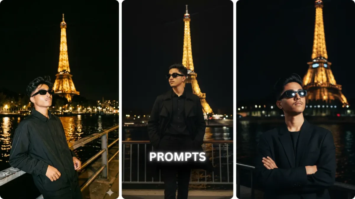 Google Gemini Cinematic Night Travel Portrait AI Photo Prompt collage showing multiple cinematic night travel poses