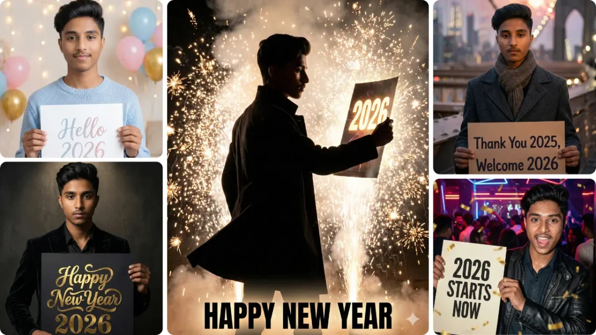 Young man holding New Year 2026 poster with fireworks background, ultra-realistic AI photo created using Google Gemini New Year 2026 Photo Poster Prompt