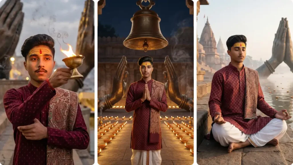 Young man performing aarti with a brass diya using the Gemini Kashi Vishwanath Temple AI Photo Prompt, standing near giant Namaste sculptures at the temple ghat