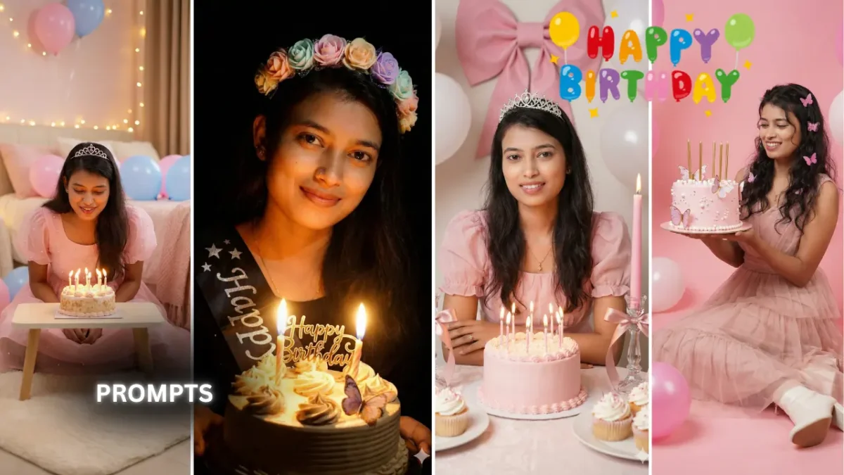 Birthday Photo Editing Prompt For Girl creating stylish and aesthetic birthday portraits using Gemini AI with cake, balloons and soft pink theme - Shimpy Roy