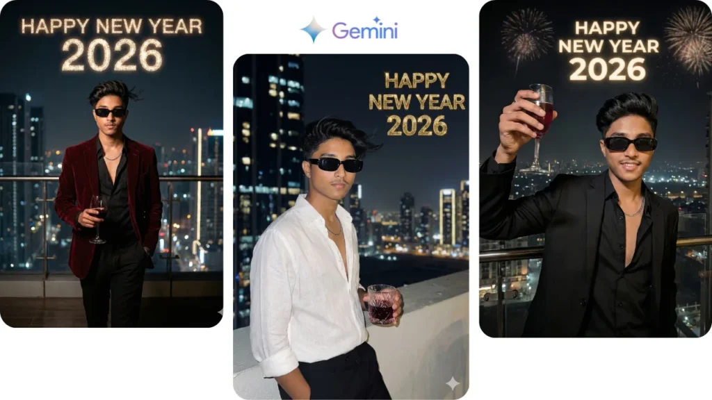 A three-image collage showing stylish New Year 2026 portraits created using Google Gemini AI New Year 2026 Photo Editing Prompt with rooftop city backgrounds