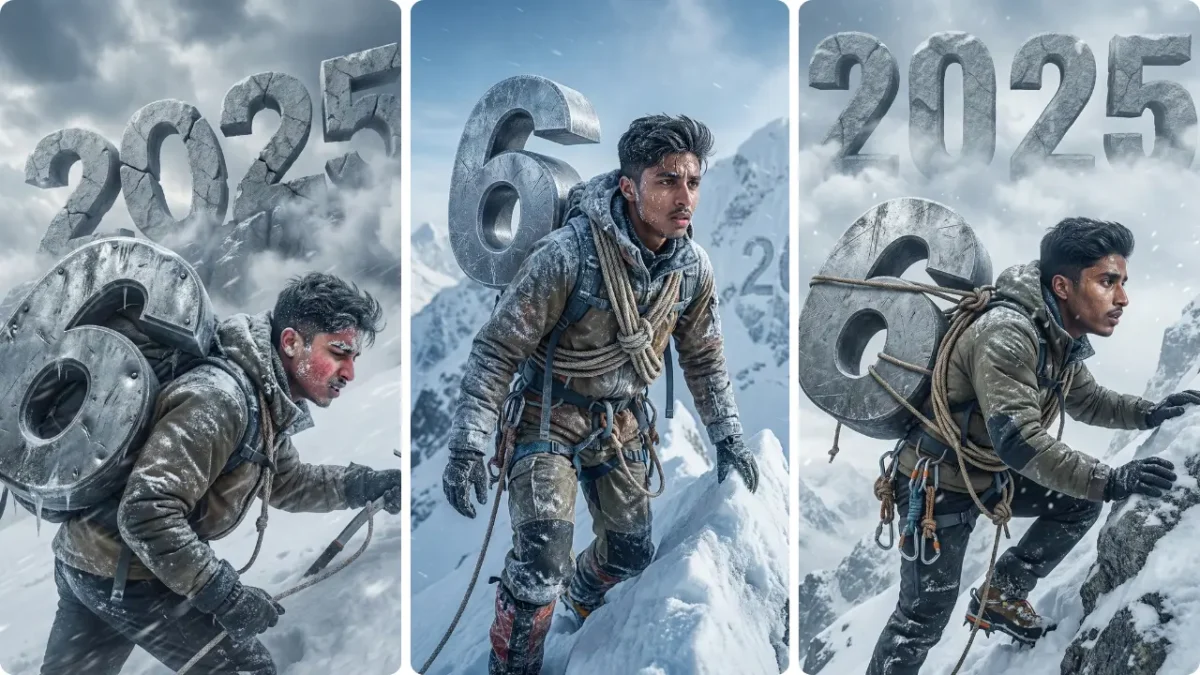 New Year 2026 AI Photo Editing Prompt For Boys showing a cinematic man climbing a snowy mountain with 2026 concept symbolizing goals, struggle and success