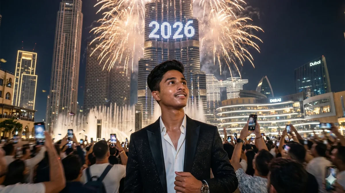 New Year 2026 Dubai Burj Khalifa AI Photo Editing Prompt celebration with fireworks and crowd, ultra realistic AI photo editing prompt