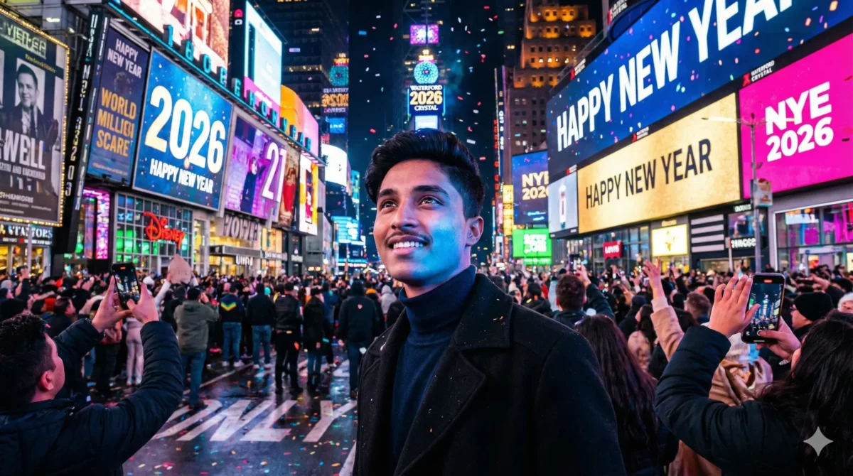 New Year 2026 New York Times Square AI Photo Editing Prompt celebration with countdown screens and crowd, realistic AI photo