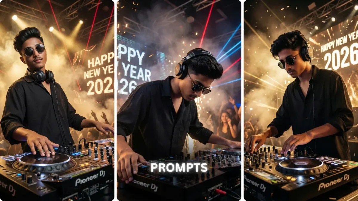DJ performing at New Year 2026 party created using New Year 2026 Party AI Photo Prompt 2026
