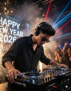 AI DJ mixing music at New Year 2026 party using New Year 2026 Party AI Photo Prompt 2026