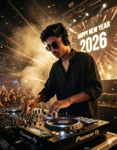 DJ party with fireworks at New Year 2026 created using New Year 2026 Party AI Photo Prompt 2026