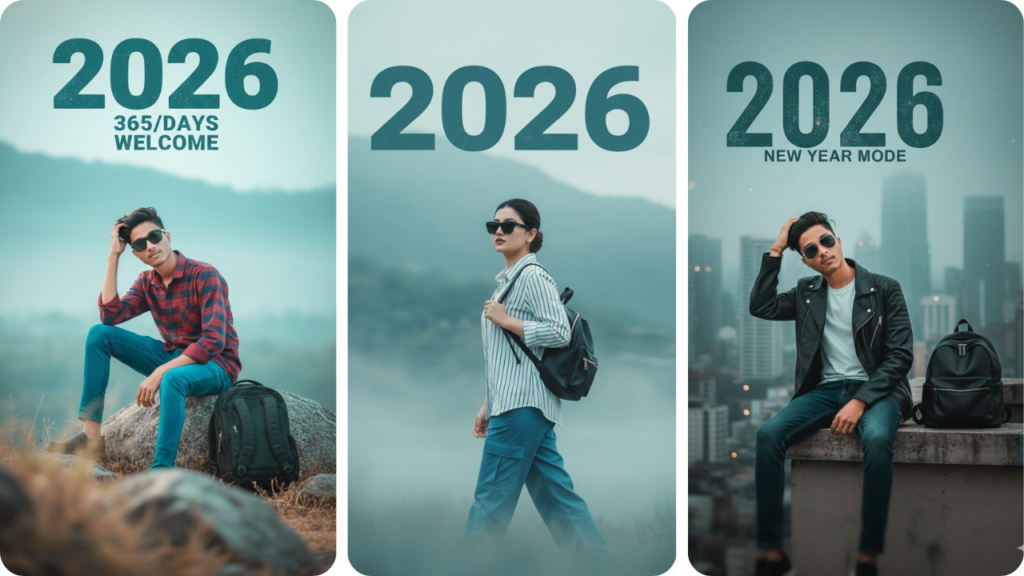 Stylish Indian boy outdoor portrait sitting on a rock with backpack, wearing red check shirt and sunglasses, New Year Gemini AI Photo Prompt 2026 design.