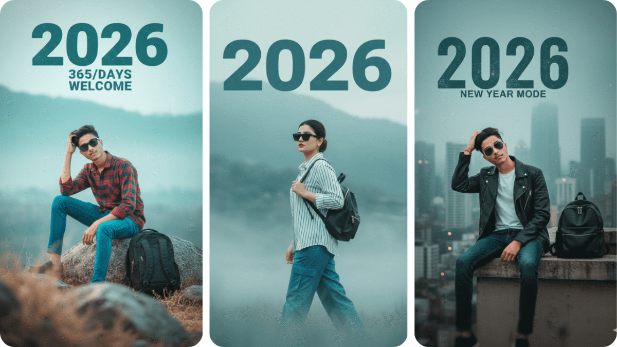 Stylish Indian boy outdoor portrait sitting on a rock with backpack, wearing red check shirt and sunglasses, New Year Gemini AI Photo Prompt 2026 design.