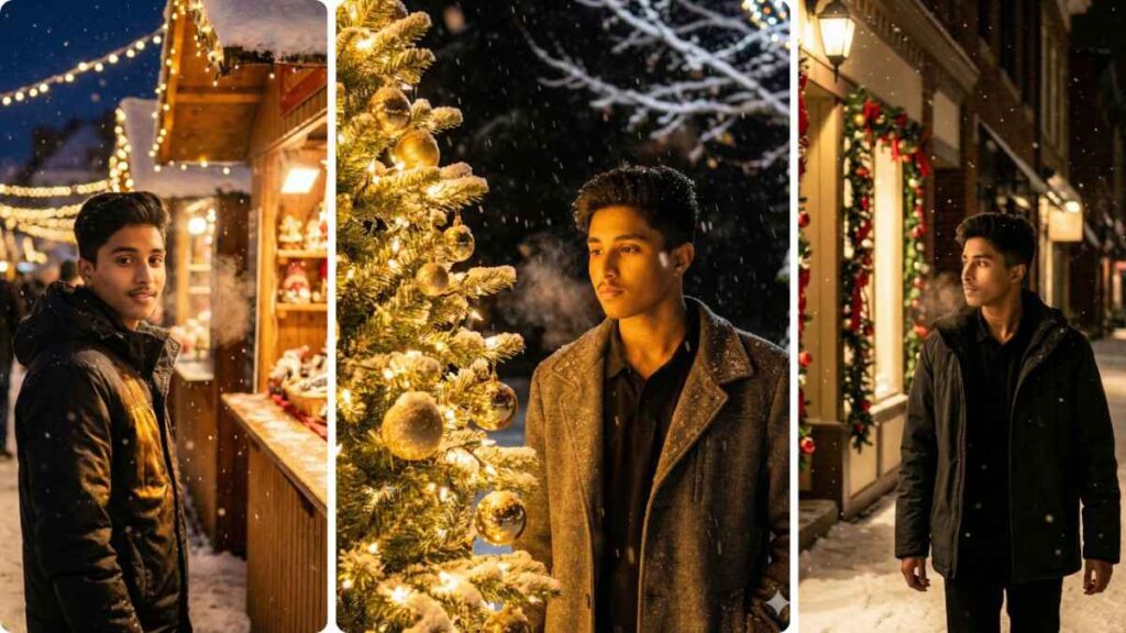 Collage of Christmas portraits of a boy edited using Google Gemini Christmas AI Photo Editing Prompts for Boys, featuring market lights, glowing tree, and winter street ambiance. By Scipuz