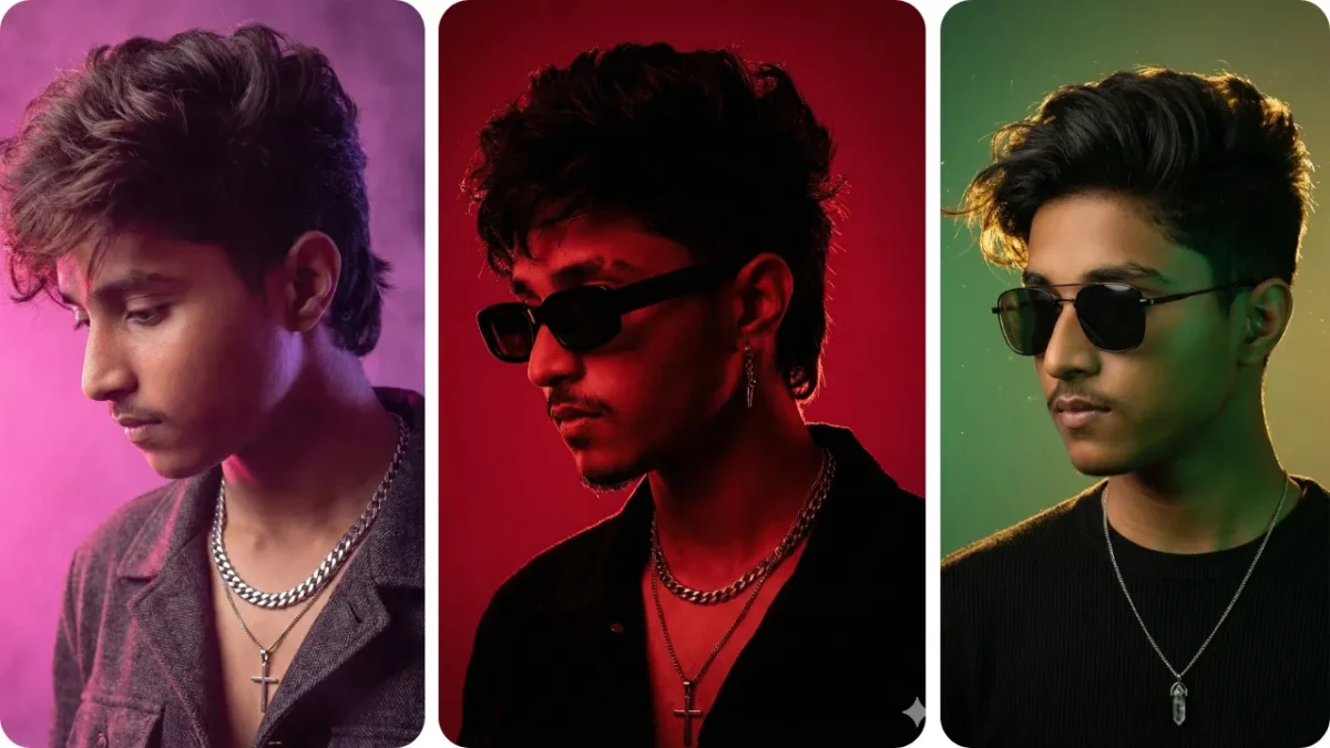 A boy posing in cinematic moody lighting created using the Google Gemini AI Moody Style Photo Prompt For Boy, featuring pink, blue, and green neon portrait effects