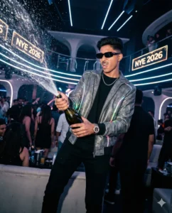 Dynamic New Year 2026 champagne action photo using Photo Prompts for New Year 2026