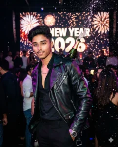 AI-generated New Year 2026 portrait with fireworks using Photo Prompts for New Year 2026