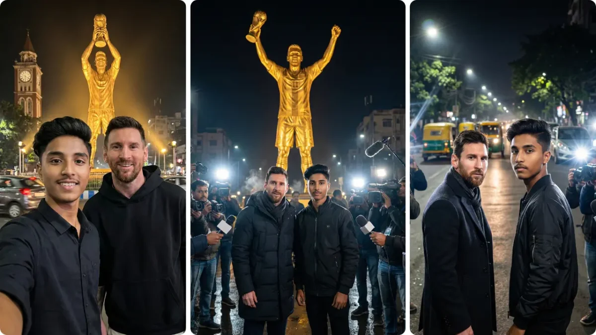 Google Gemini Lionel Messi AI Photo Prompt showing Lionel Messi with a fan during a press media crowd at night, ultra-realistic AI photo editing style