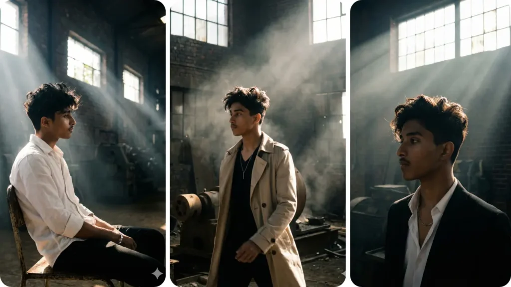 A young boy sitting on a chair in dramatic sunlight inside an industrial room, cinematic look, inspired by the top 5 Gemini AI photo prompt for boy.