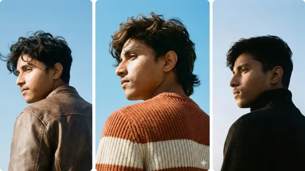 Aesthetic collage featuring a young boy in three different outfits — brown leather jacket, orange knitted sweater, and black turtleneck — captured in soft natural daylight with clear blue sky, Viral Gemini Aesthetic AI Photo Prompt for Boy: Create Cinematic, Aesthetic Portraits in Seconds