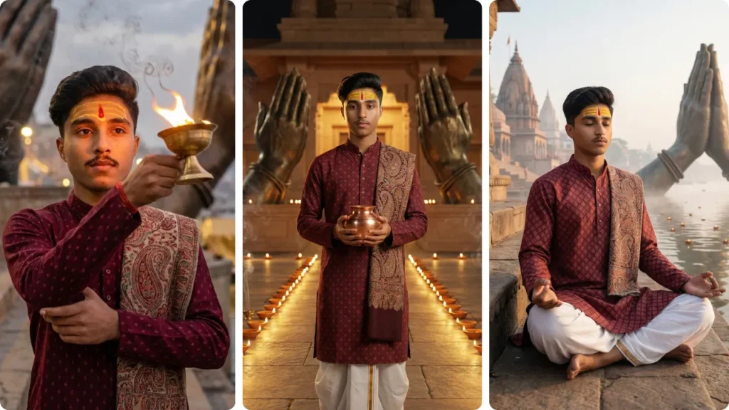 Young man performing aarti with a brass diya using the Gemini Kashi Vishwanath Temple AI Photo Prompt, standing near giant Namaste sculptures at the temple ghat