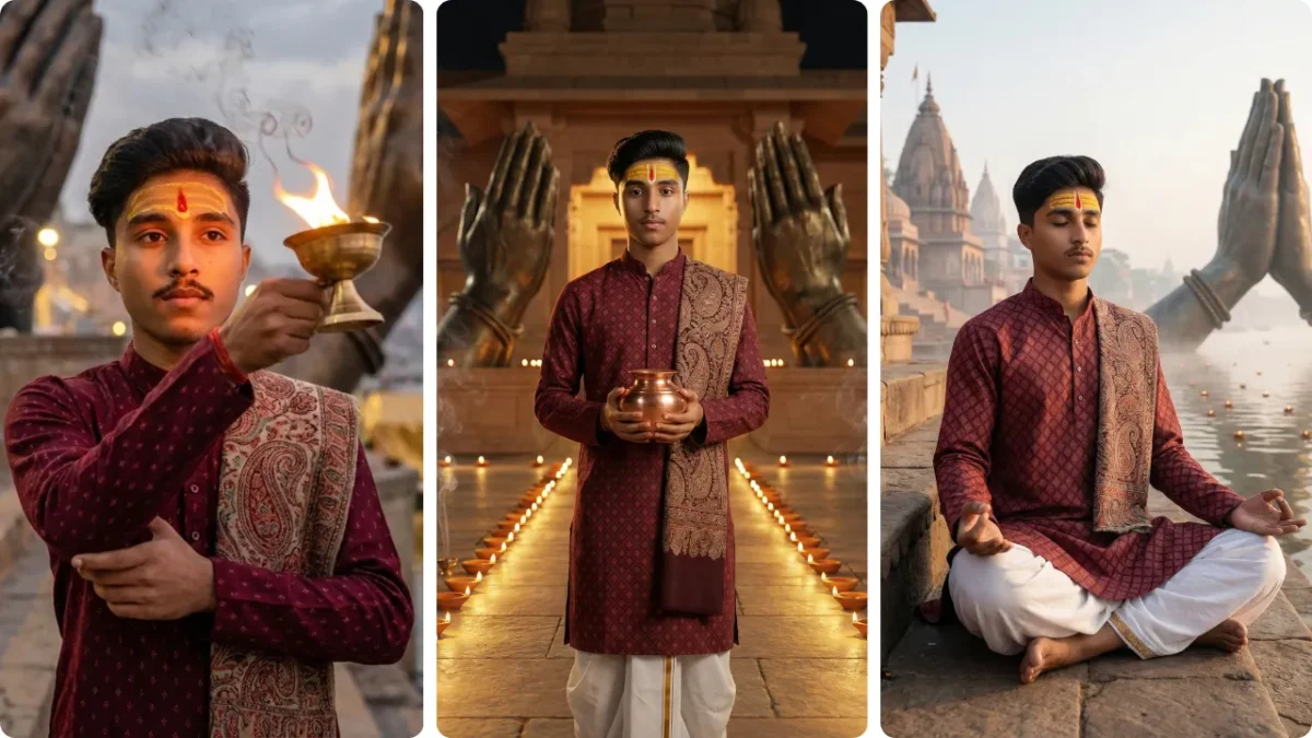 Young man performing aarti with a brass diya using the Gemini Kashi Vishwanath Temple AI Photo Prompt, standing near giant Namaste sculptures at the temple ghat