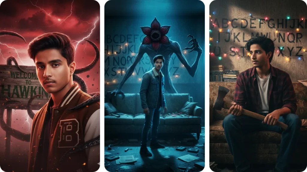 A three-photo collage featuring a Demogorgon scene, a broken clock scene, and a spiked bat scene, made using Trending Gemini AI Stranger Things Season 5 Photo Prompt.