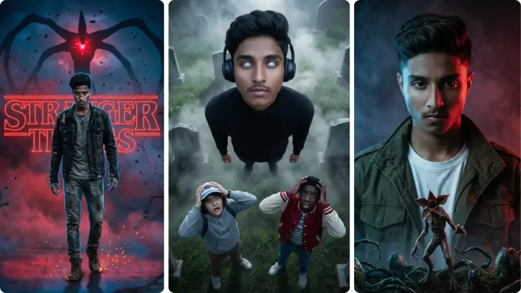 A young man standing in front of the red Stranger Things neon logo with a large shadow monster behind him, created using Google Gemini Stranger Things AI Photo Prompt