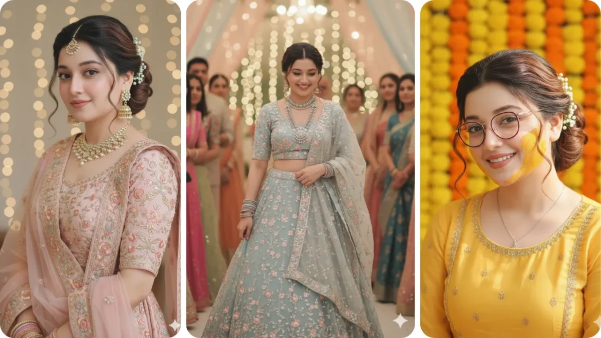 “Bridal wedding collage featuring Haldi, Sangeet, and Reception looks created using Gemini AI Wedding Photo Prompt.