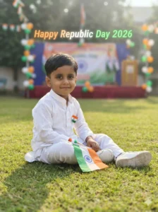 Cute baby boy Republic Day AI photo created with 26 January AI Photo Editing Prompts for Baby Boy holding Indian flag