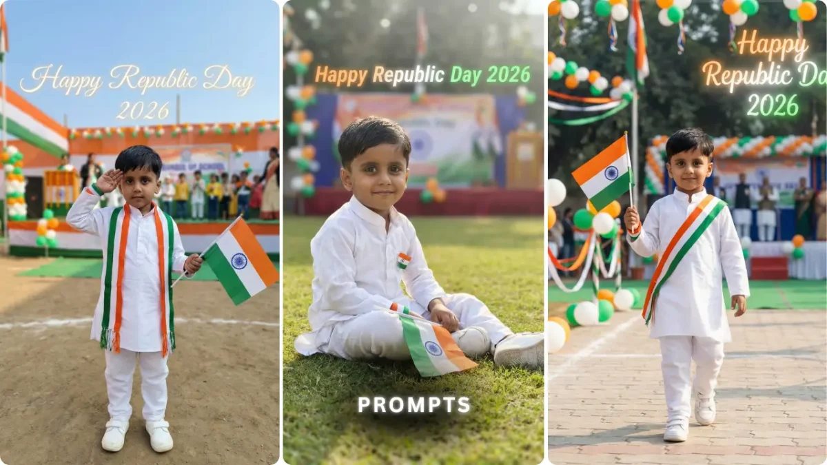 Republic Day Prompt image of baby boy wearing tricolor sash created using 26 January AI Photo Editing Prompts for Baby Boy